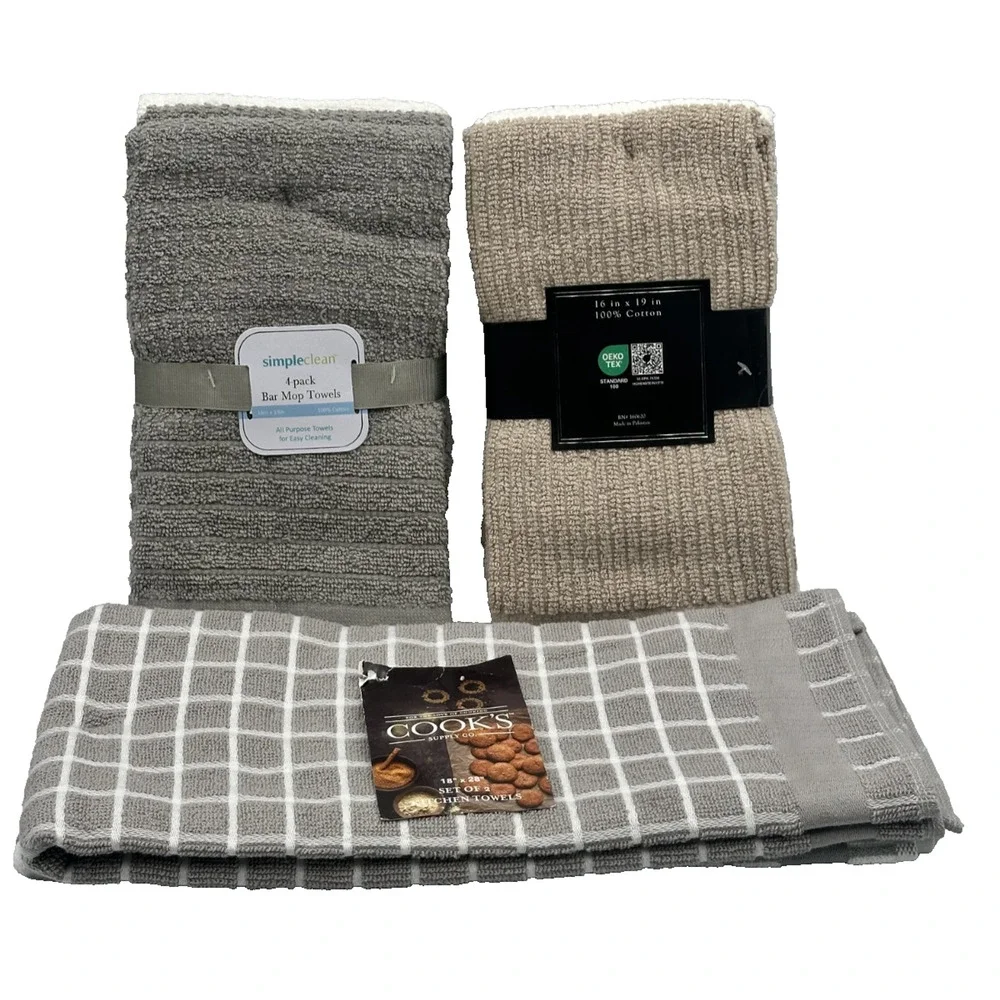 10 Pc Towel Bundle- 8 Cotton Bar Mop Towels 16x19 & 2 Kitchen Dish Towels 18x28
